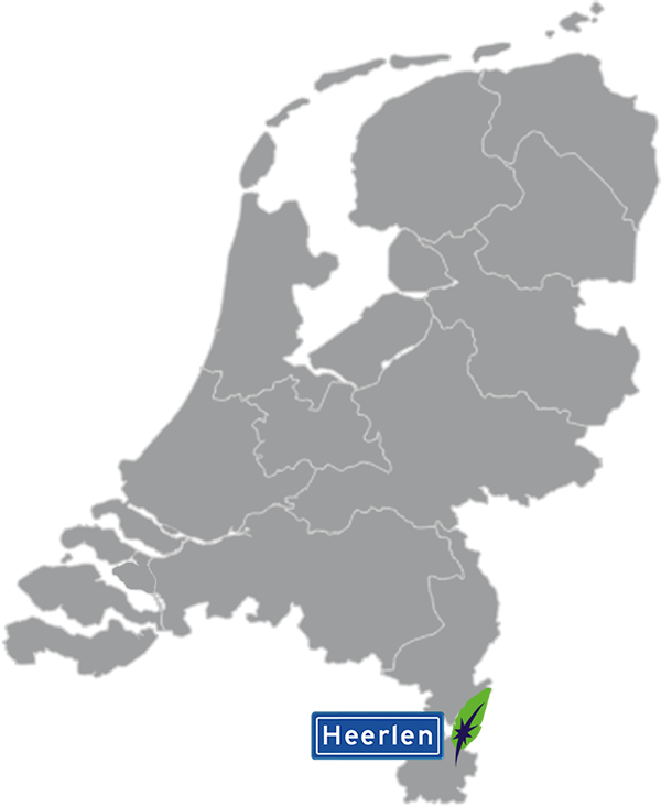 Landkaart Nederland grijs - locatie Dagnall Taleninstituut in Heerlen - aangegeven met blauw plaatsnaambord met witte letters en Dagnall veer - op transparante achtergrond - 600 * 733 pixels